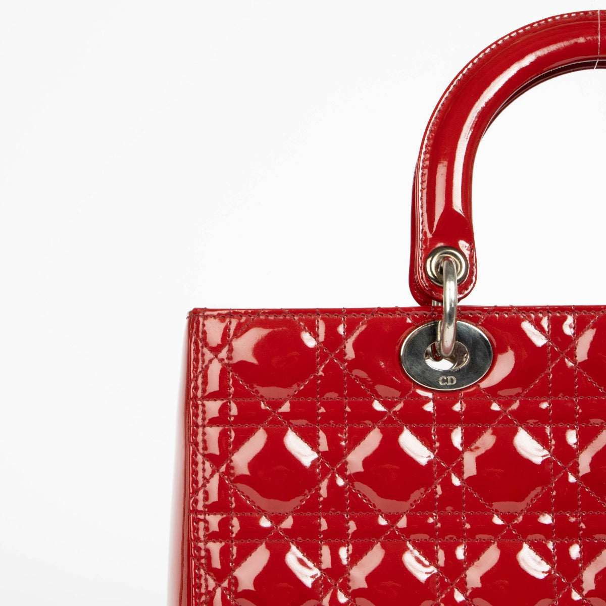 Authentic pre-loved Christian Dior Red Patent Leather Large Lady Dior Top Handle Bag on Labellov.com
