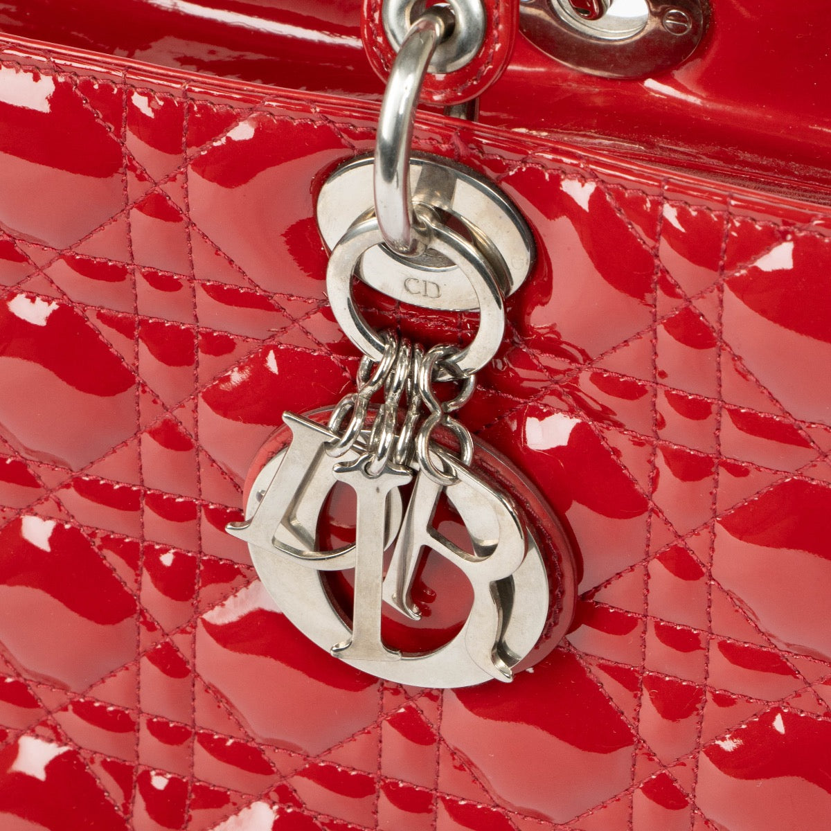 Authentic pre-loved Christian Dior Red Patent Leather Large Lady Dior Top Handle Bag on Labellov.com