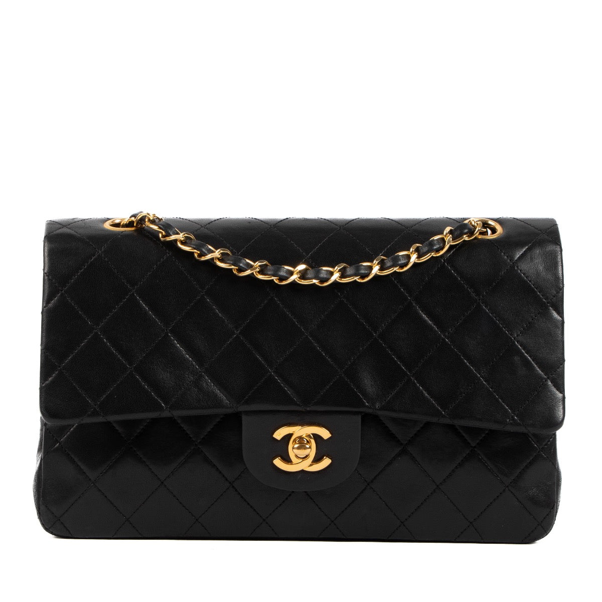 Shop safe online at Labellov in Antwerp, Brussels and Knokke this 100% authentic second hand Chanel Black Lambskin Medium Classic Flap Bag