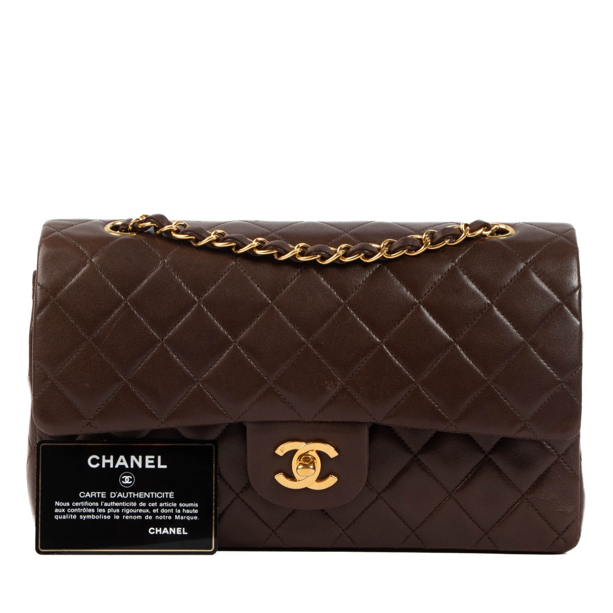Shop safe online at Labellov in Antwerp, Brussels and Knokke this 100% authentic second hand Chanel Brown Lambskin Medium Classic Flap Bag
