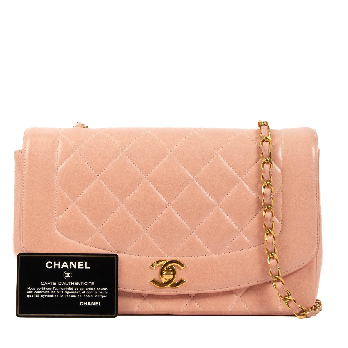 Shop safe online at Labellov in Antwerp, Brussels and Knokke this 100% authentic second hand Chanel Pink Lambskin Diana Crossbody Bag