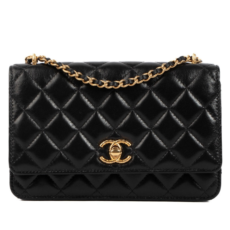 Chanel Black Glazed Lambskin Wallet On Chain