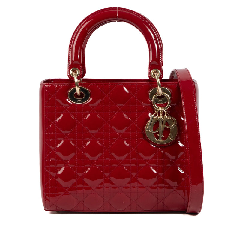 Shop safe online at Labellov in Antwerp, Brussels and Knokke this 100% authentic second hand Christian Dior Cherry Patent Leather Medium Lady Dior Bag