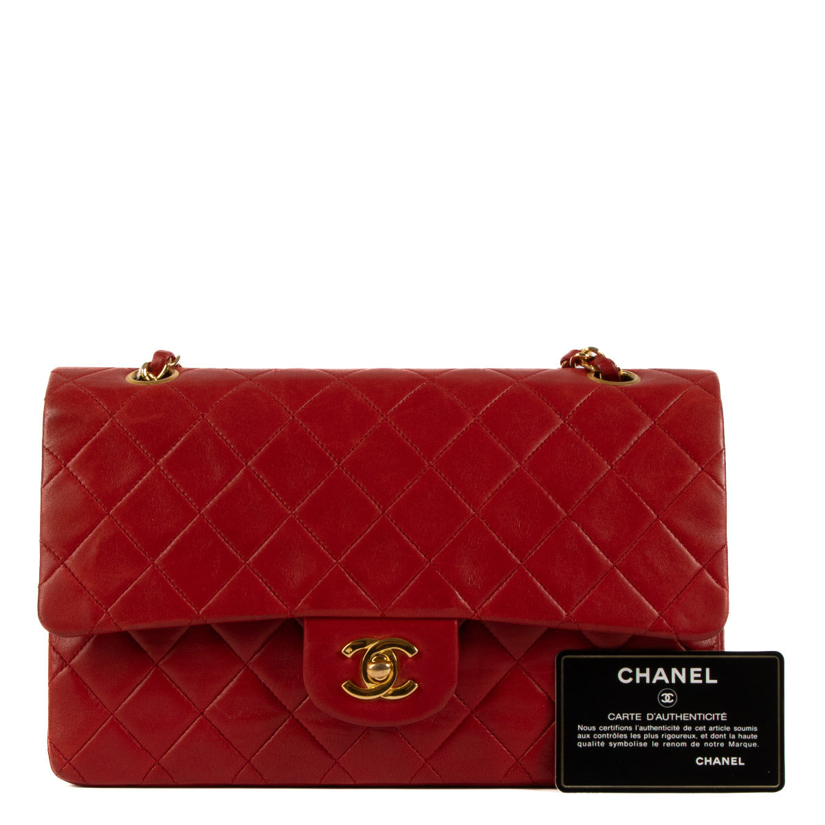 Chanel Red Medium Classic Lambskin Shoulder Bag for the best price at Labellov secondhand luxury in Antwerp. Buy and sell and repeat.
