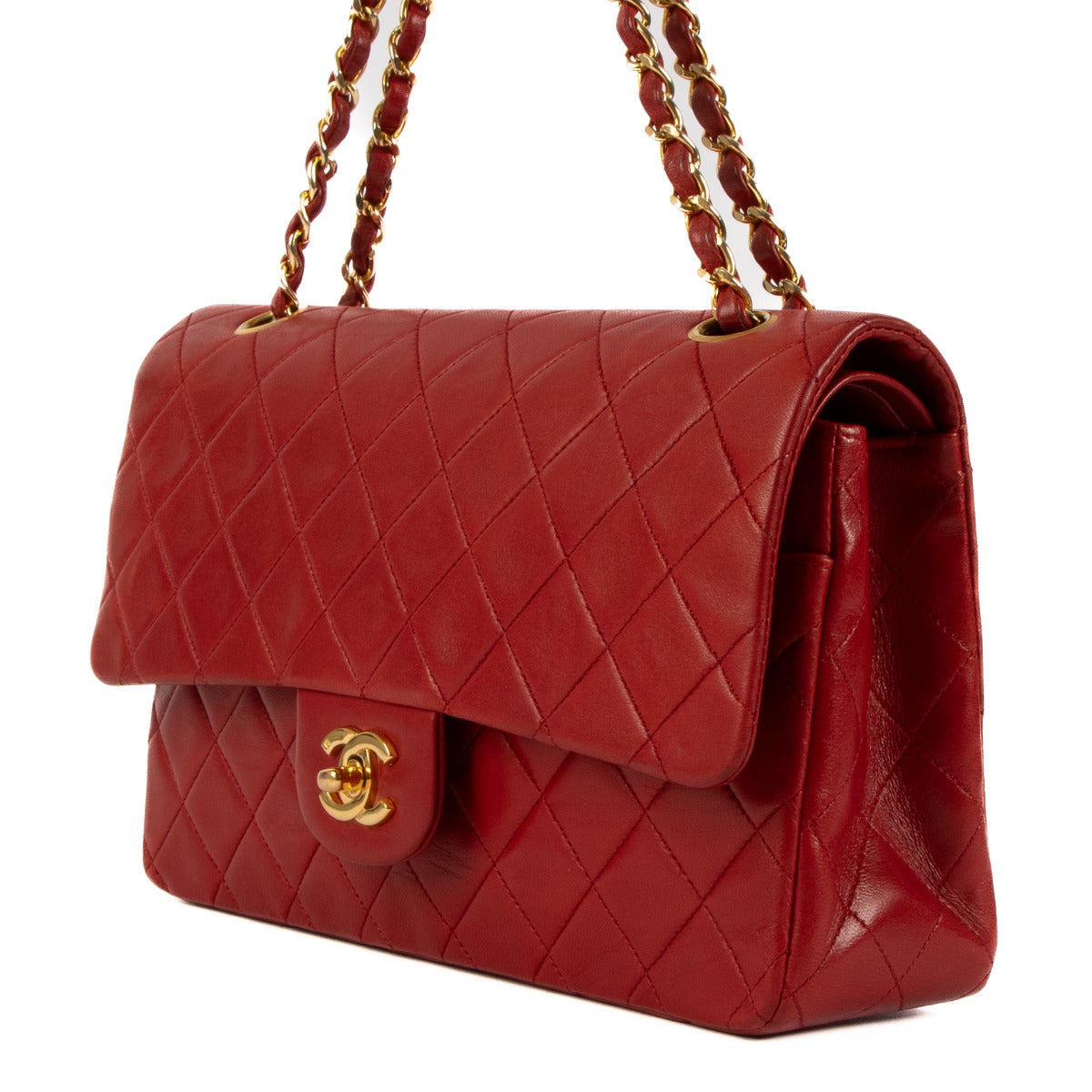 Sac à rabat classique moyen en agneau rouge vintage Chanel