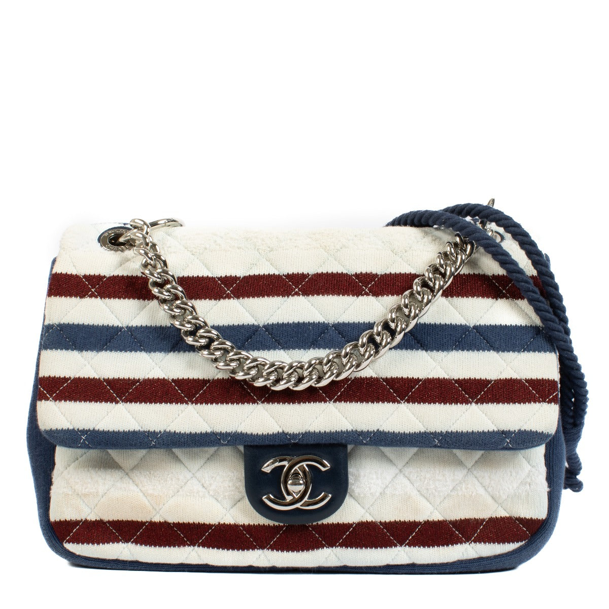 Shop safe online at Labellov in Antwerp, Brussels and Knokke this 100% authentic second hand Chanel Blue Jumbo Jersey Rope Classic Flap Bag