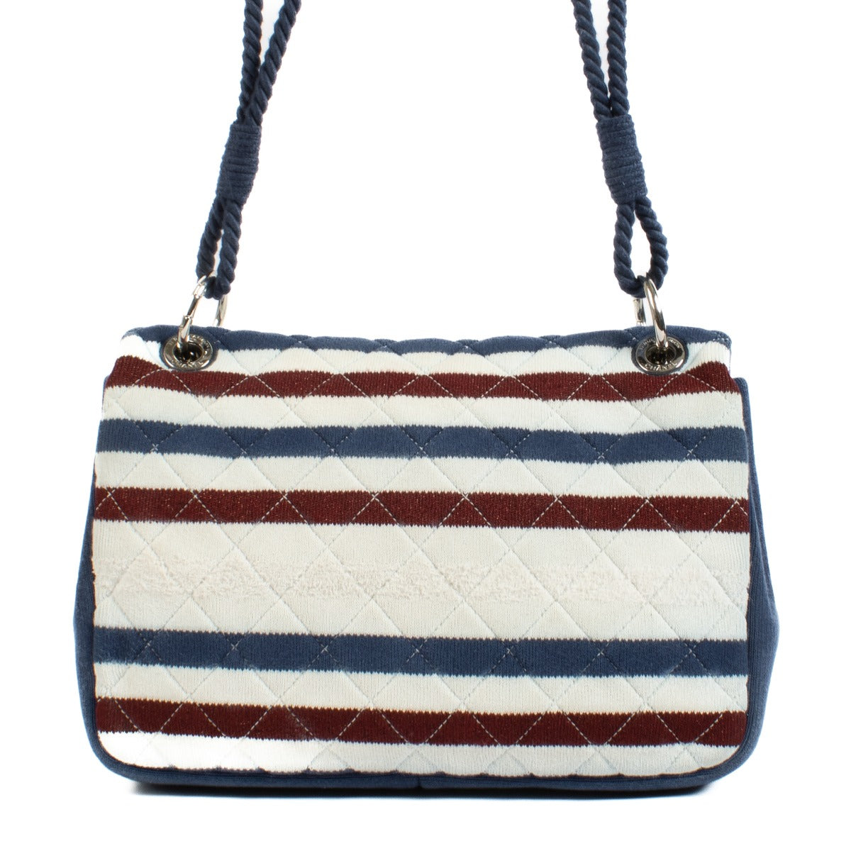 Shop safe online at Labellov in Antwerp, Brussels and Knokke this 100% authentic second hand Chanel Blue Jumbo Jersey Rope Classic Flap Bag