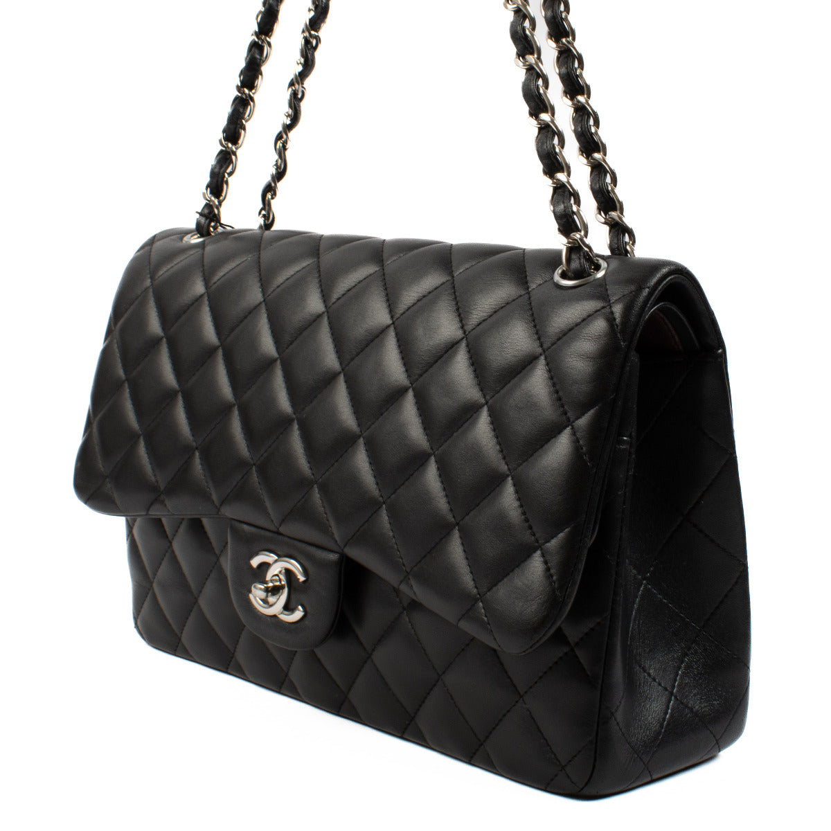 Sac à rabat classique grand format en agneau noir Chanel