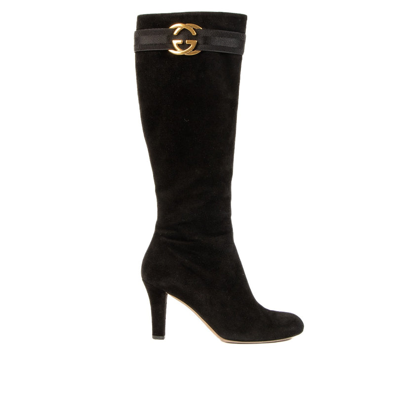Gucci Black Suede Web G Buckle Boots