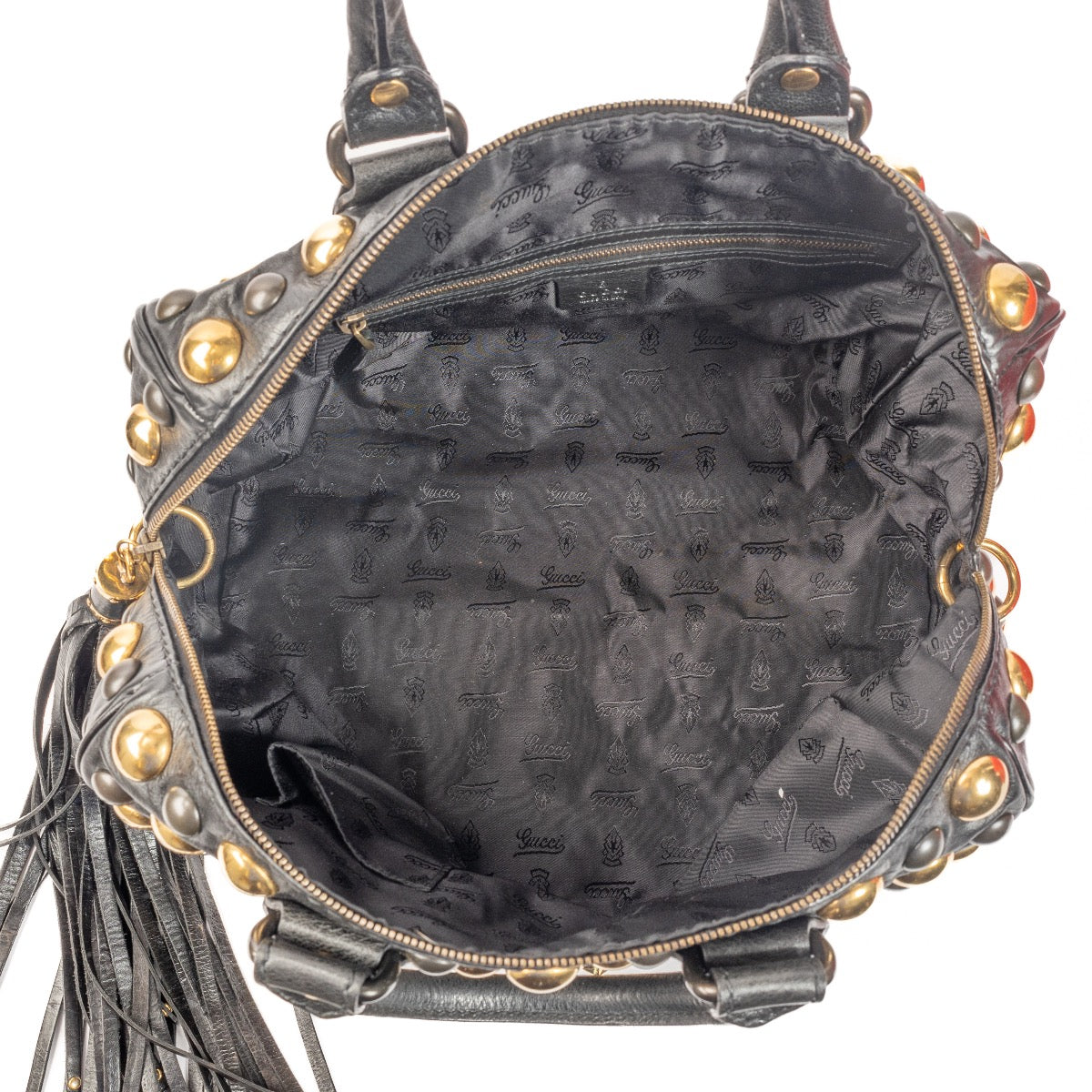 Shop safe online at Labellov in Antwerp, Brussels and Knokke this 100% authentic second hand gucci black gold studded babushka boston bag