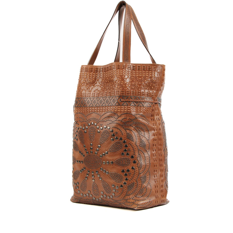 Gucci Brown Studded Leather Drawstring Tote Bag