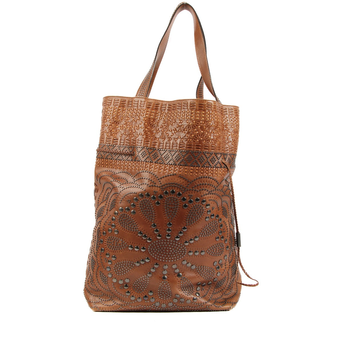 Gucci Brown Studded Leather Drawstring Tote Bag