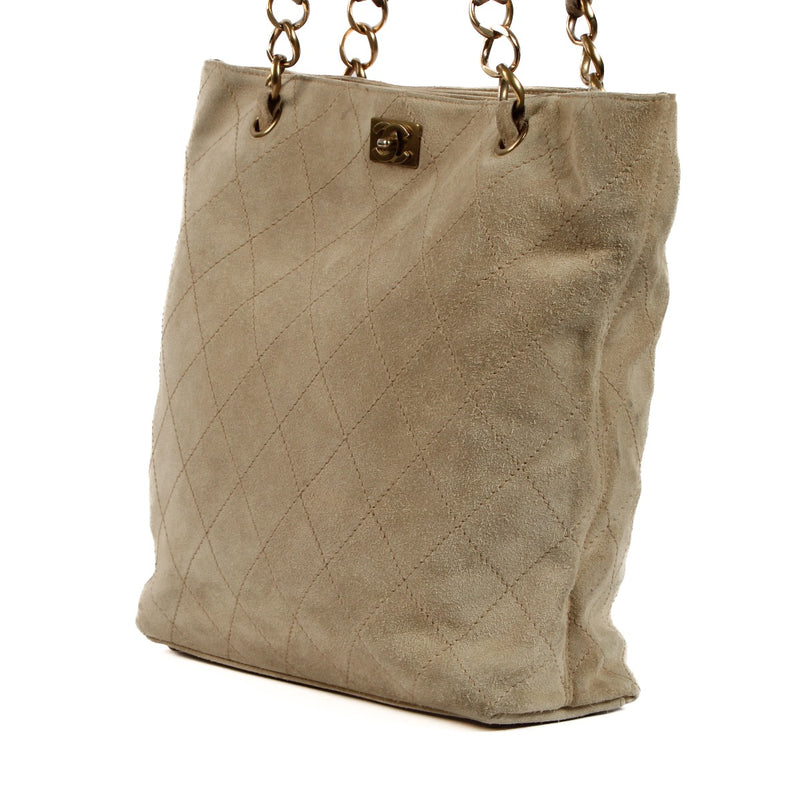 Chanel Beige Quilted Suede CC Tote Bag