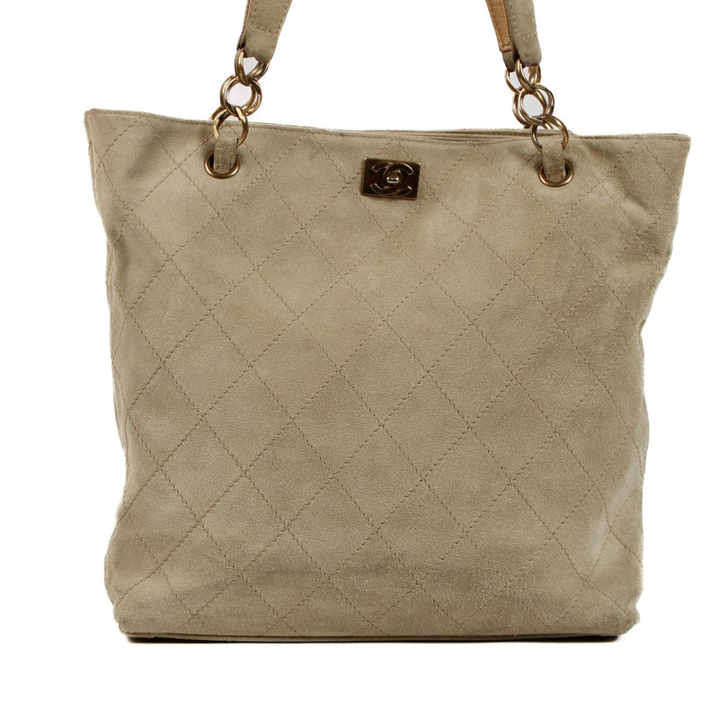 Chanel Beige Quilted Suede CC Tote Bag