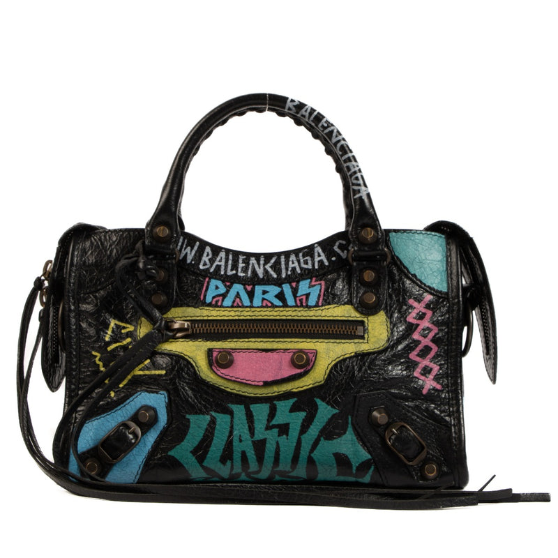 Balenciaga Black Graffiti Mini Classic City Bag