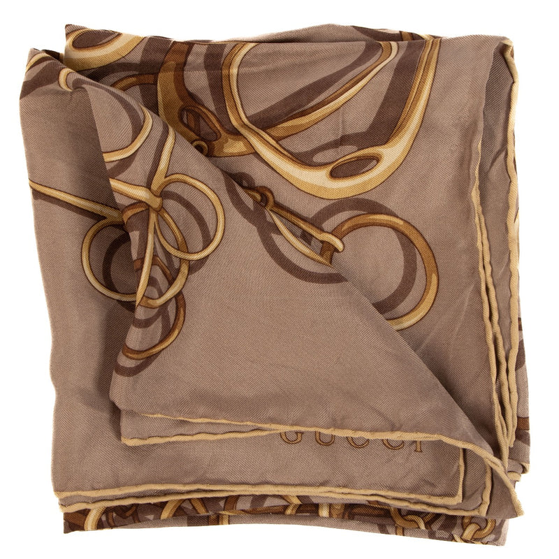Shop safe online at Labellov this 100% authentic second hand Gucci Gold and Taupe Horsebit Scarf