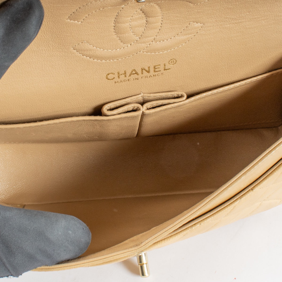 Authentic Preloved Chanel Beige Small Classic Handbag Classic Flap Bag Year: 2002-2003 on Labellov.com