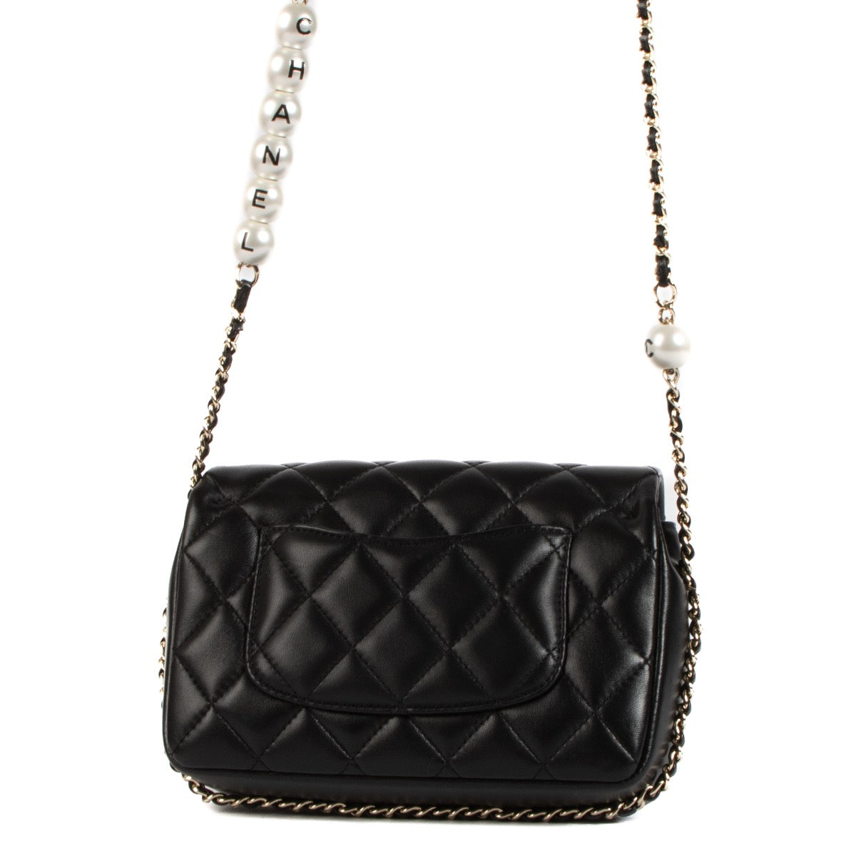 shop 100% authentic second hand Chanel Black Lambskin Logo Pearl Flap Bag on Labellov.com