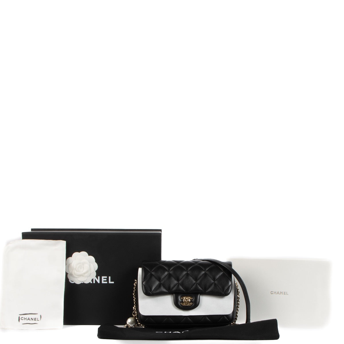 shop 100% authentic second hand Chanel Black Lambskin Logo Pearl Flap Bag on Labellov.com