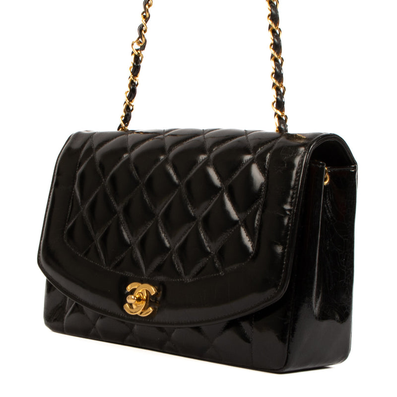 Chanel Black Patent Leather Vintage Diana Flap Bag for sale online at Labellov.com.