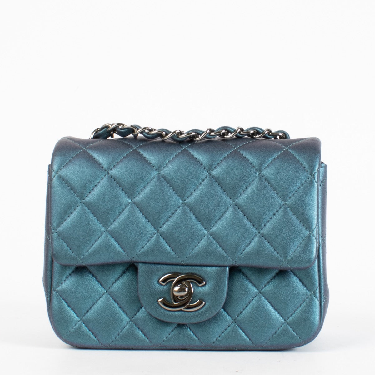 authentic preloved Chanel Blue Lambskin Metallic Classic Mini Square Bag on Labellov.com