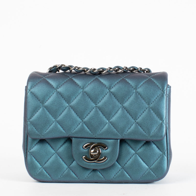 authentic preloved Chanel Blue Lambskin Metallic Classic Mini Square Bag on Labellov.com