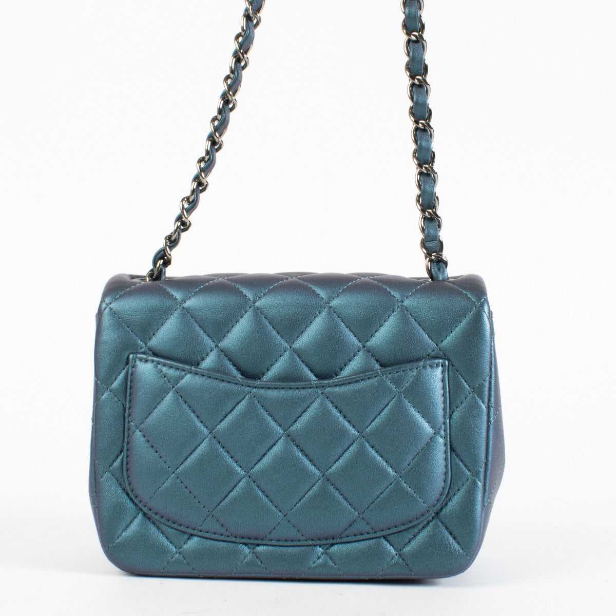authentic preloved Chanel Blue Lambskin Metallic Classic Mini Square Bag on Labellov.com