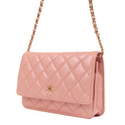 Shop safe online at Labellov in Antwerp, Brussels and Knokke this 100% authentic second hand Chanel Pink Iridescent Caviar Leather Wallet On Chain