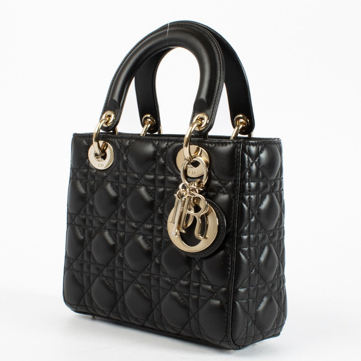 Christian Dior Small Lady Dior Bag in black lambskin with gold hardware and red interior, full set with care booklet and receipt at Labellov.com