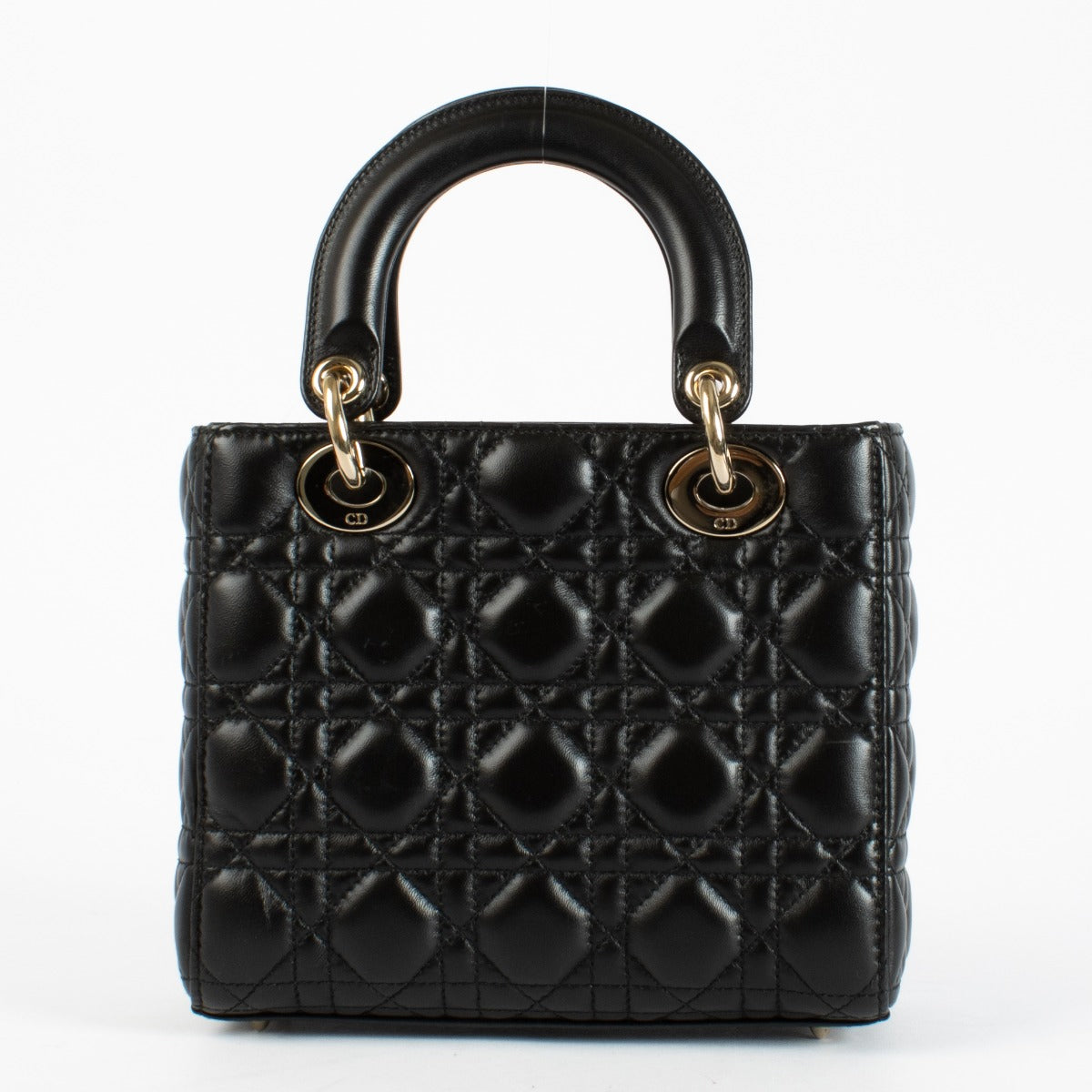 Christian Dior Small Lady Dior Bag in black lambskin with gold hardware and red interior, full set with care booklet and receipt at Labellov.com