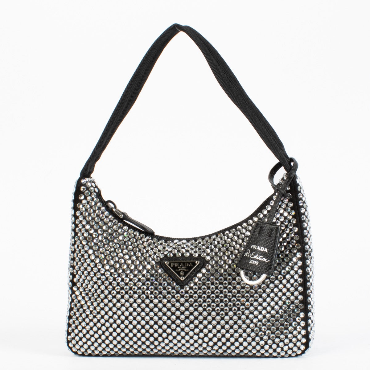 shop 100% authentic second hand Prada Black Re-Edition 2000 Mini Satin Bag With Crystals on Labellov.com