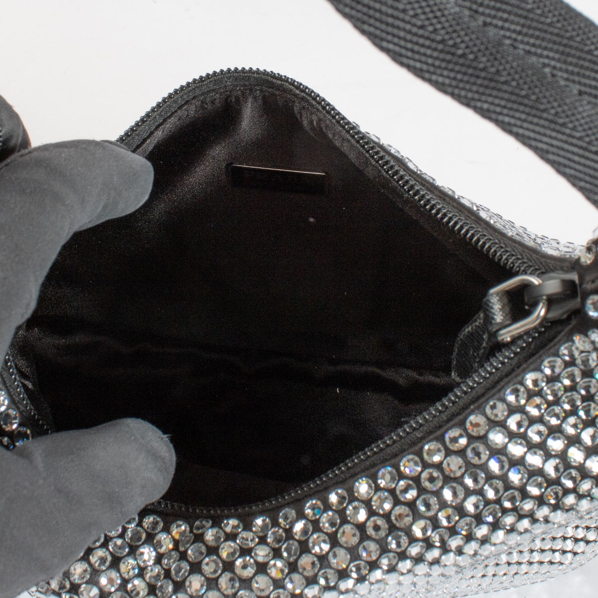 shop 100% authentic second hand Prada Black Re-Edition 2000 Mini Satin Bag With Crystals on Labellov.com
