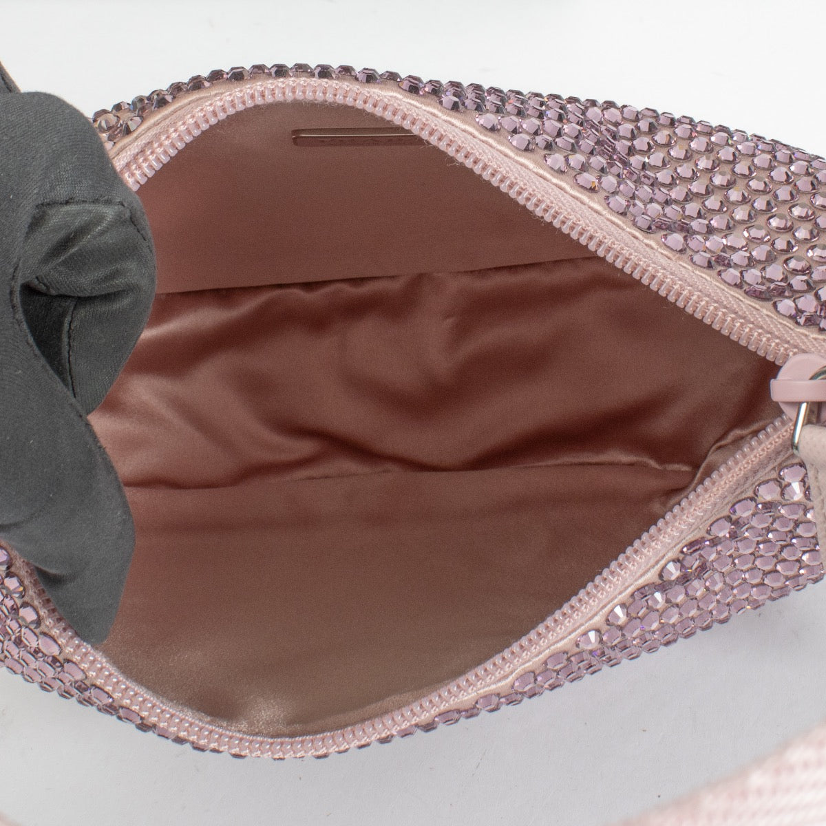 Authentic Preloved Prada Alabaster Pink Re-Edition mini satin bag with crystals on Labellov.com
