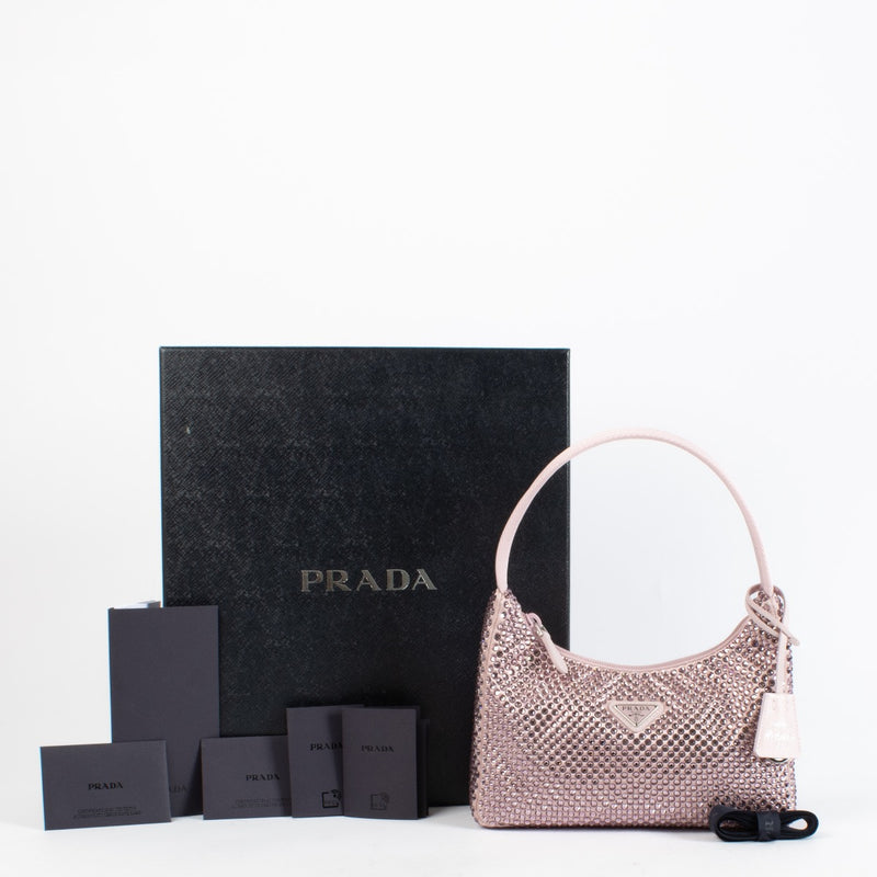 Authentic Preloved Prada Alabaster Pink Re-Edition mini satin bag with crystals on Labellov.com