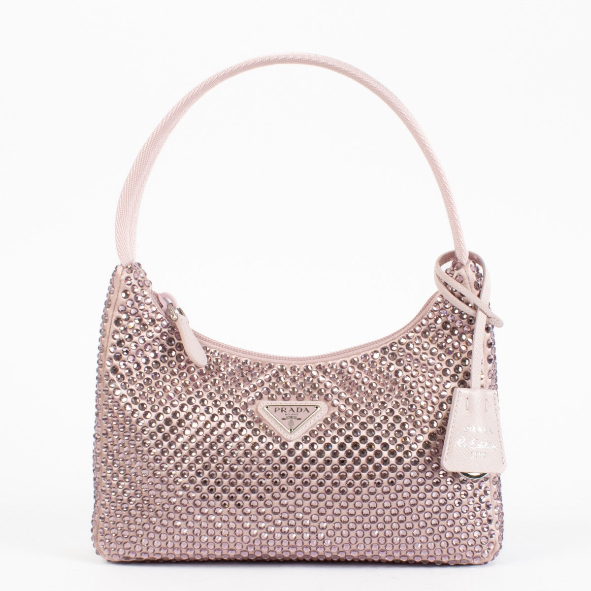Authentic Preloved Prada Alabaster Pink Re-Edition mini satin bag with crystals on Labellov.com