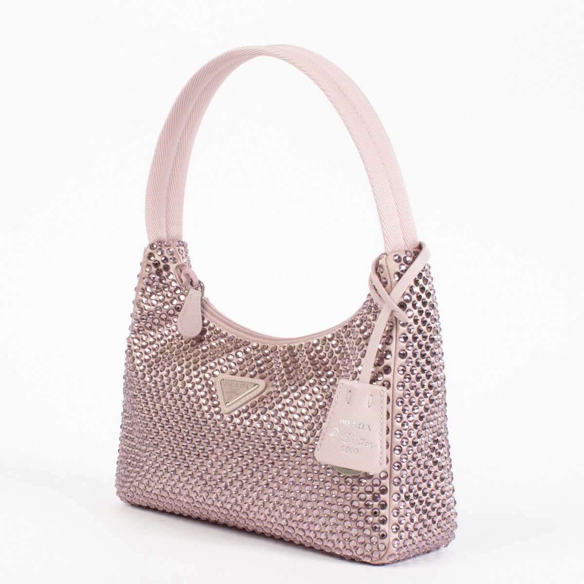 Authentic Preloved Prada Alabaster Pink Re-Edition mini satin bag with crystals on Labellov.com