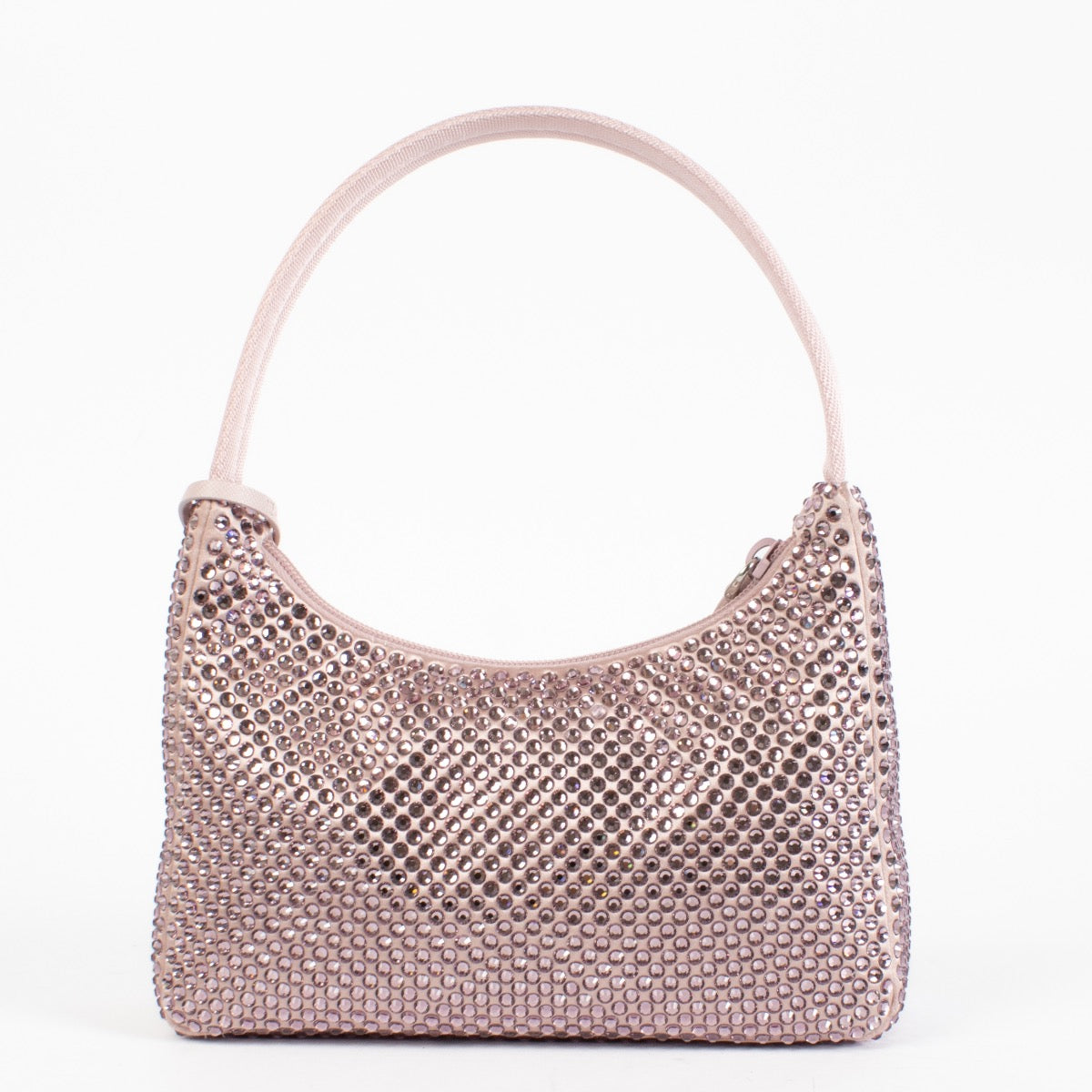 Authentic Preloved Prada Alabaster Pink Re-Edition mini satin bag with crystals on Labellov.com