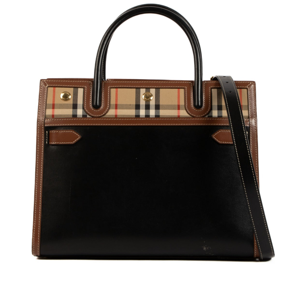 Burberry Black Leather/Vintage Check Title Bag