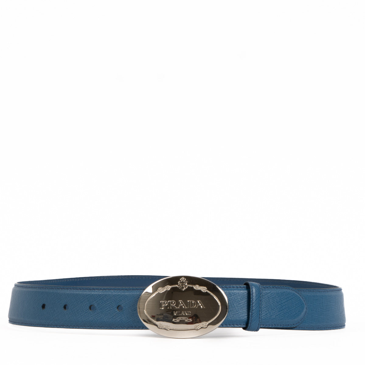 Ceinture Prada en cuir Saffiano bleu avec plaque logo - taille 80