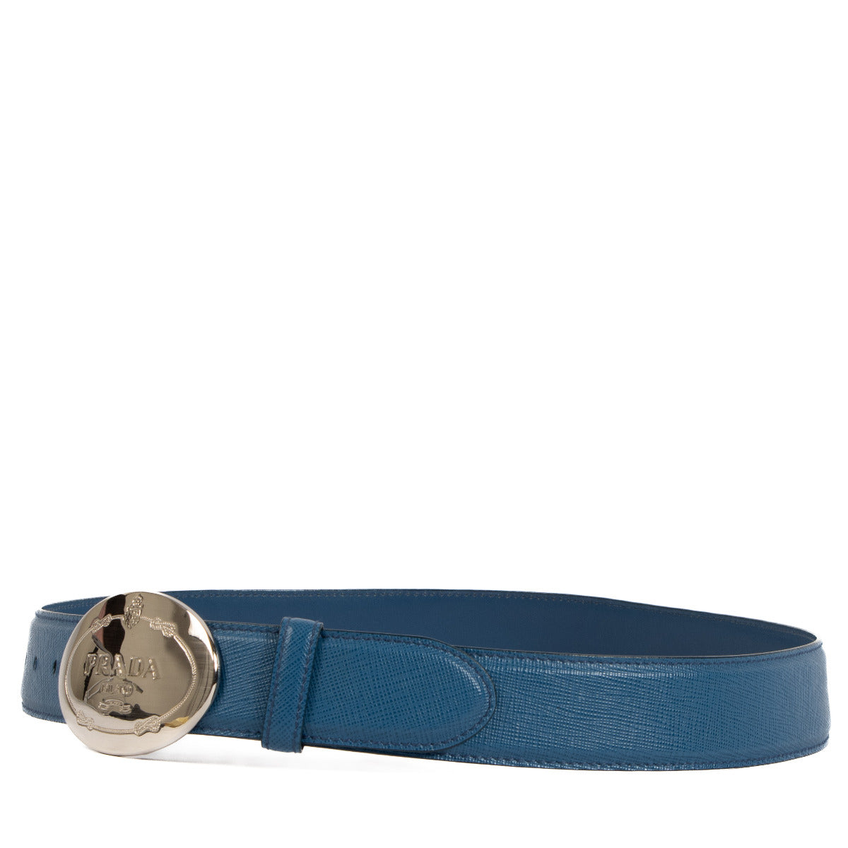 Ceinture Prada en cuir Saffiano bleu avec plaque logo - taille 80