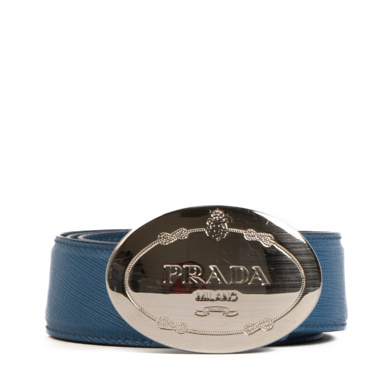 Prada Blue Saffiano Leather Logo Plaque Belt - size 80