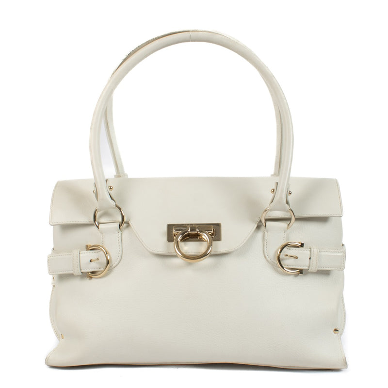 Ferragamo White Leather Wanda East West Top handle Bag