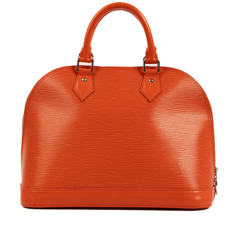 Buy and sell your designer bags at Labellov Antwerp for a reasonable price such as this Louis Vuitton Orange Alma Epi Top handle.