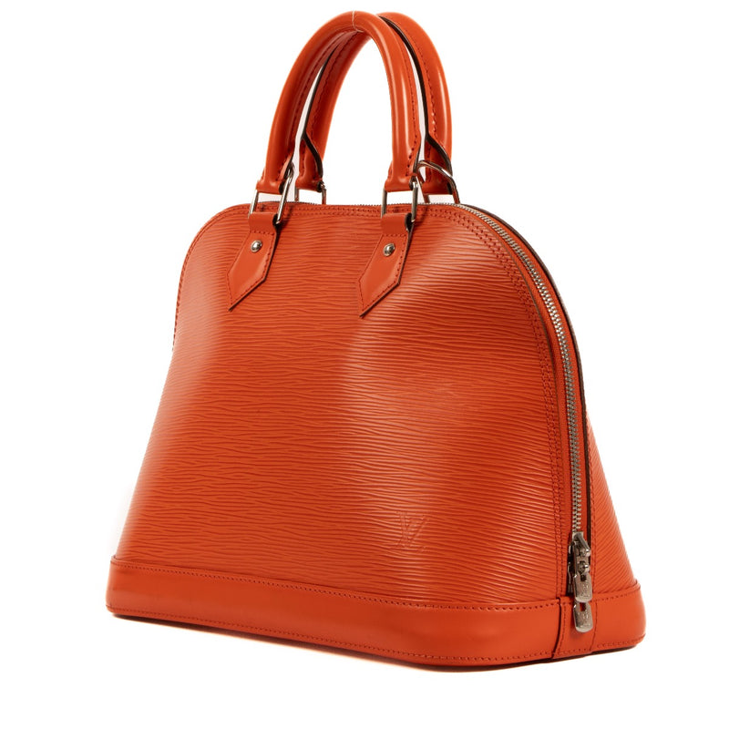Buy and sell your designer bags at Labellov Antwerp for a reasonable price such as this Louis Vuitton Orange Alma Epi Top handle.