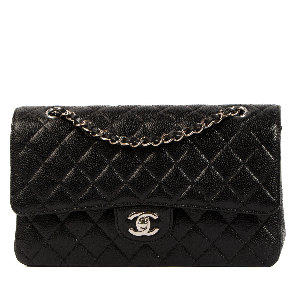 Chanel Black Caviar Leather Medium Classic Flap Bag PHW for the best price at Labellov secondhand luxury in Antwerp. We buy and sell your preloved designer bags.