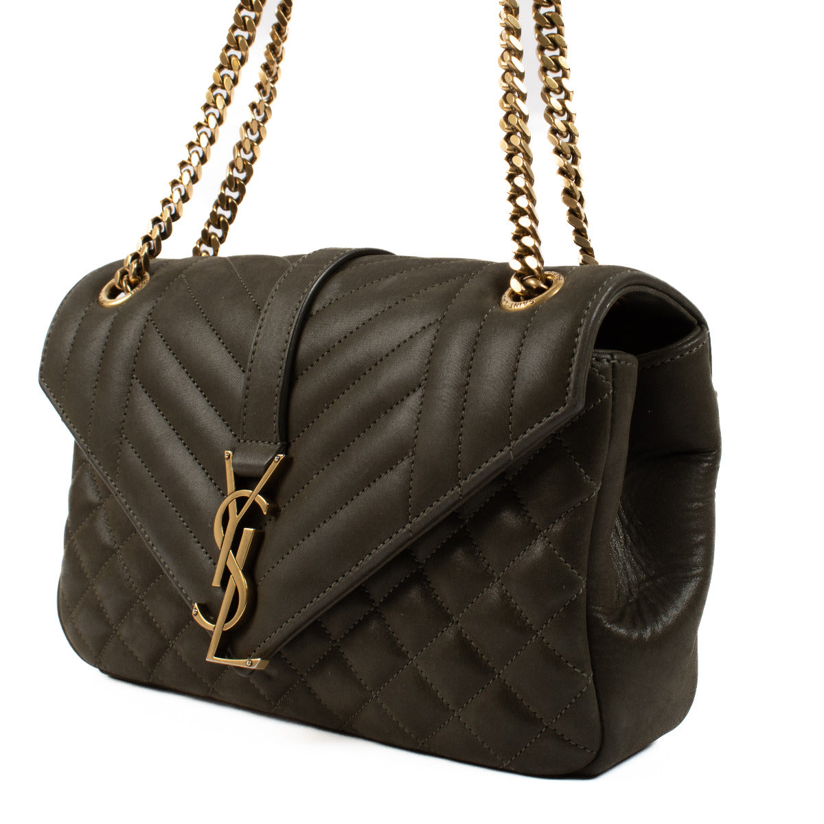 Saint Laurent Khaki Green Soft College Medium Bag for the best price at Labellov secondhand luxury in Antwerp andn Knokke