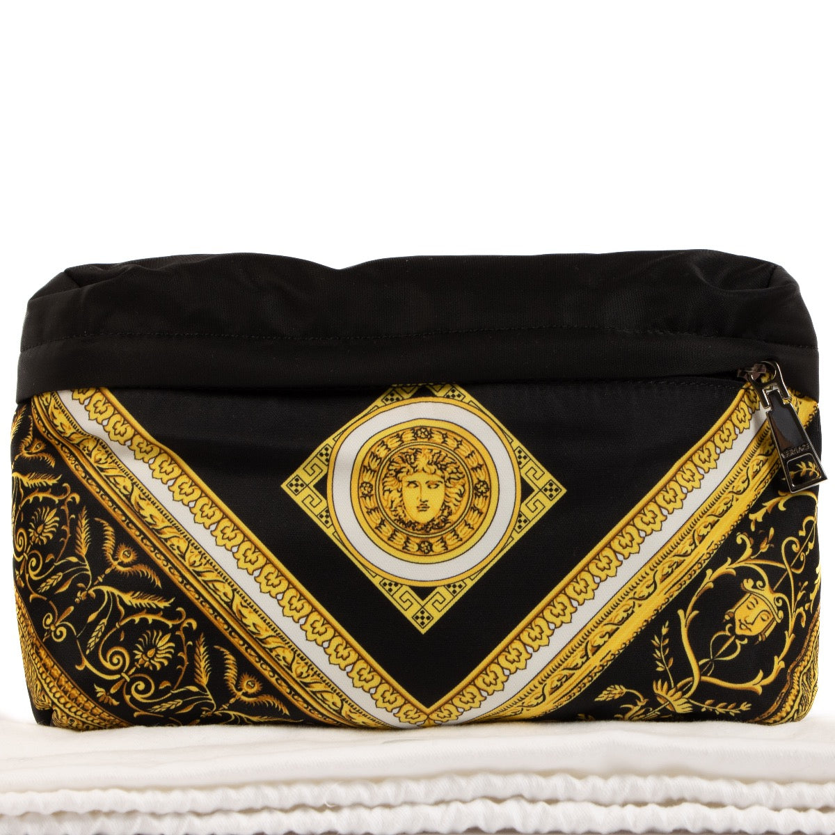 Shop safe online at Labellov in Antwerp, Brussels and Knokke this 100% authentic second hand Versace Black and Yellow Barocco Nylon Belt Bag