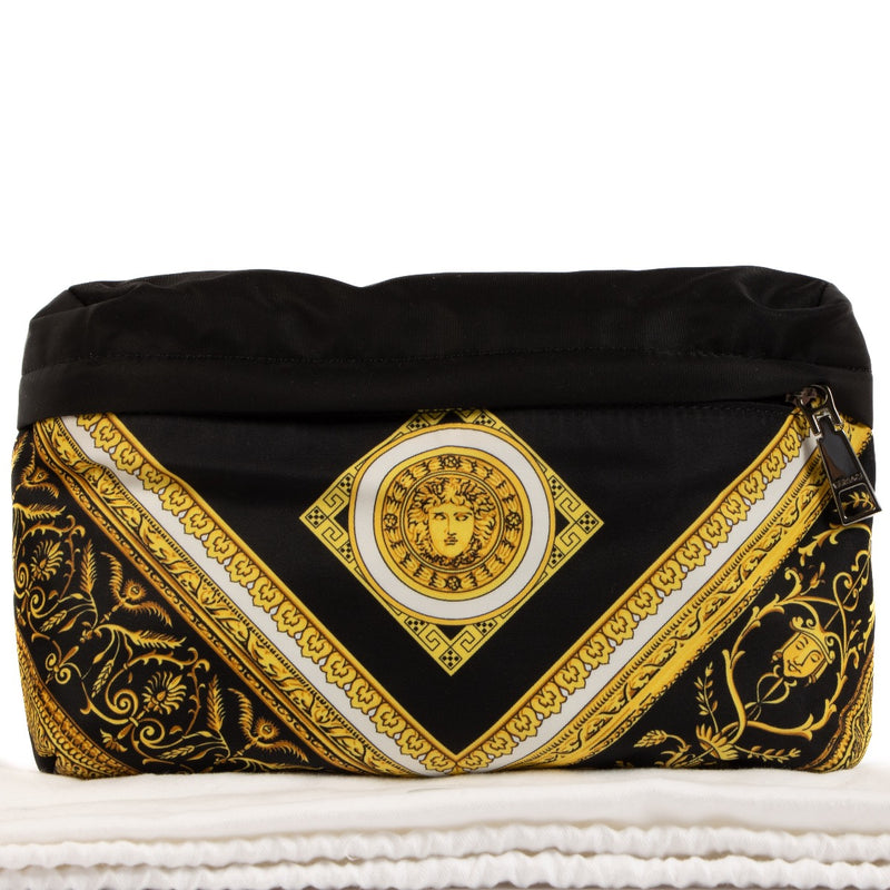 Shop safe online at Labellov in Antwerp, Brussels and Knokke this 100% authentic second hand Versace Black and Yellow Barocco Nylon Belt Bag