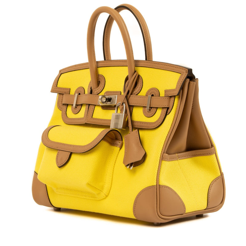Shop authentic second hand designer luxury Hermès 2022 Birkin Cargo 25 Jaune Citron/Chai Toile/Swift PHW on www.labellov.com