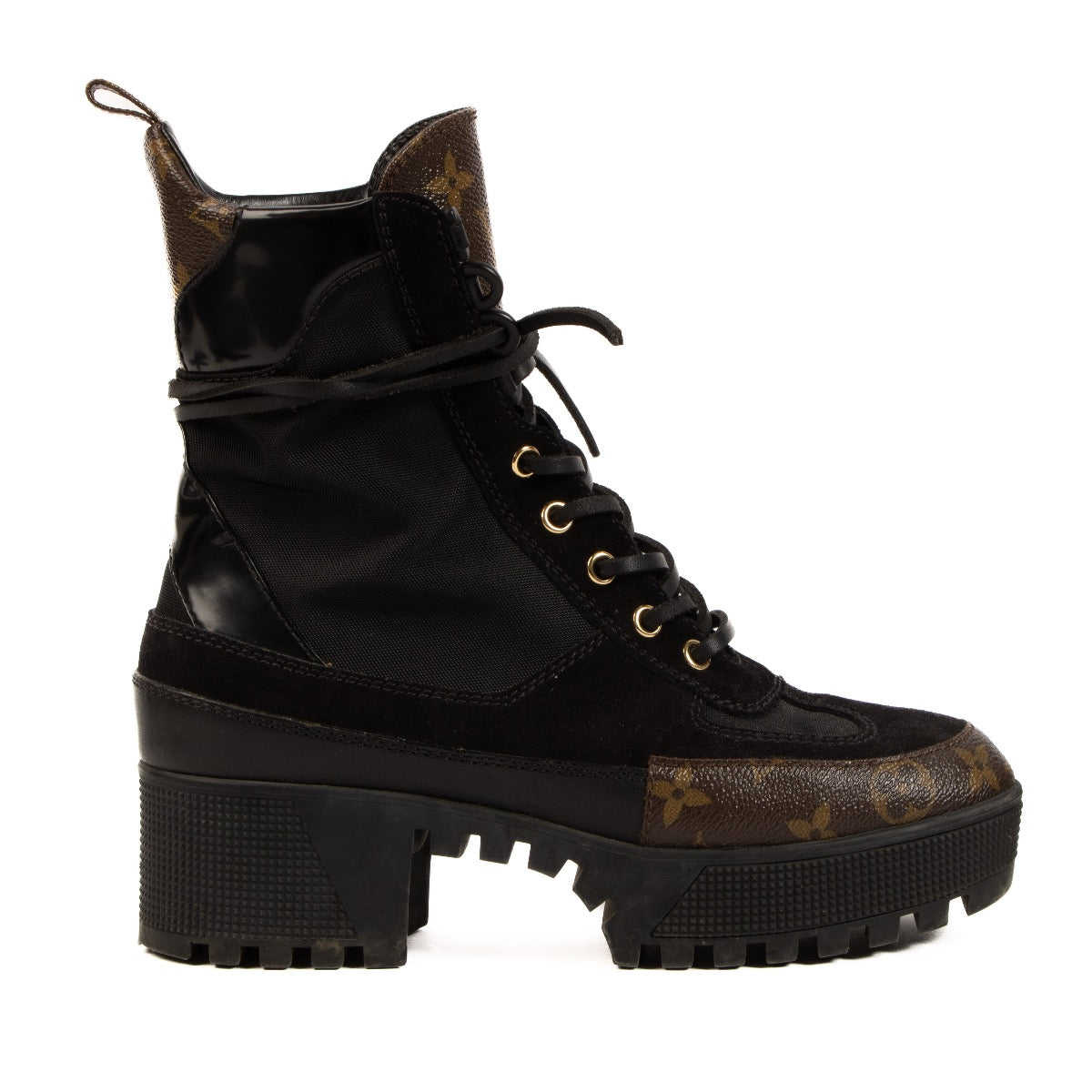 Shop safe online at Labellov these 100% authentic second hand Louis Vuitton Black and Monogram Laureate Desert Boots - size 36,5